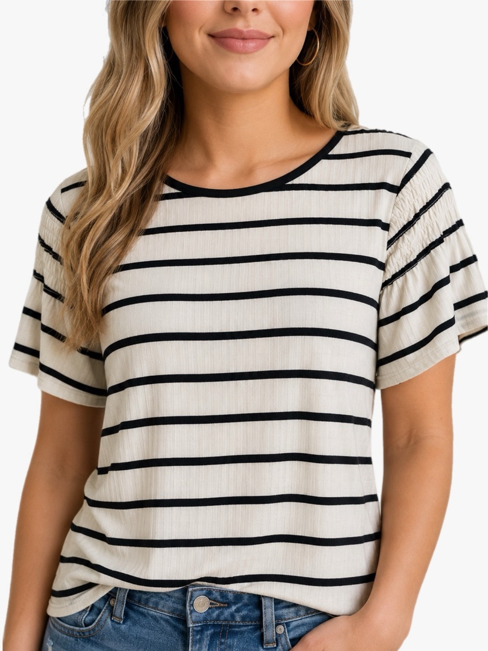 LuLaRoe Stephanie Black White Striped Ruched Sleeve Top Women’s Size Medium